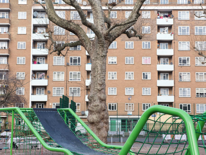 Block of flats with tree and outdoor playground