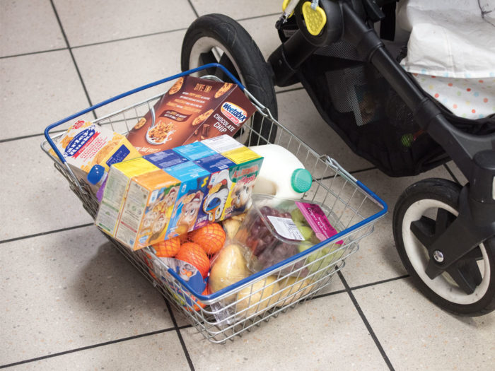 Shopping basket filled with products