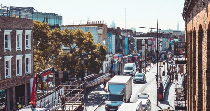 London road, with assorted vehicles. Photograph by Charles Postiaux