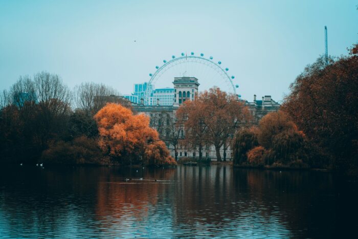 Autumn view, with the London Eye seen behind a tree-lined park. Photograph by Szymon Shields.