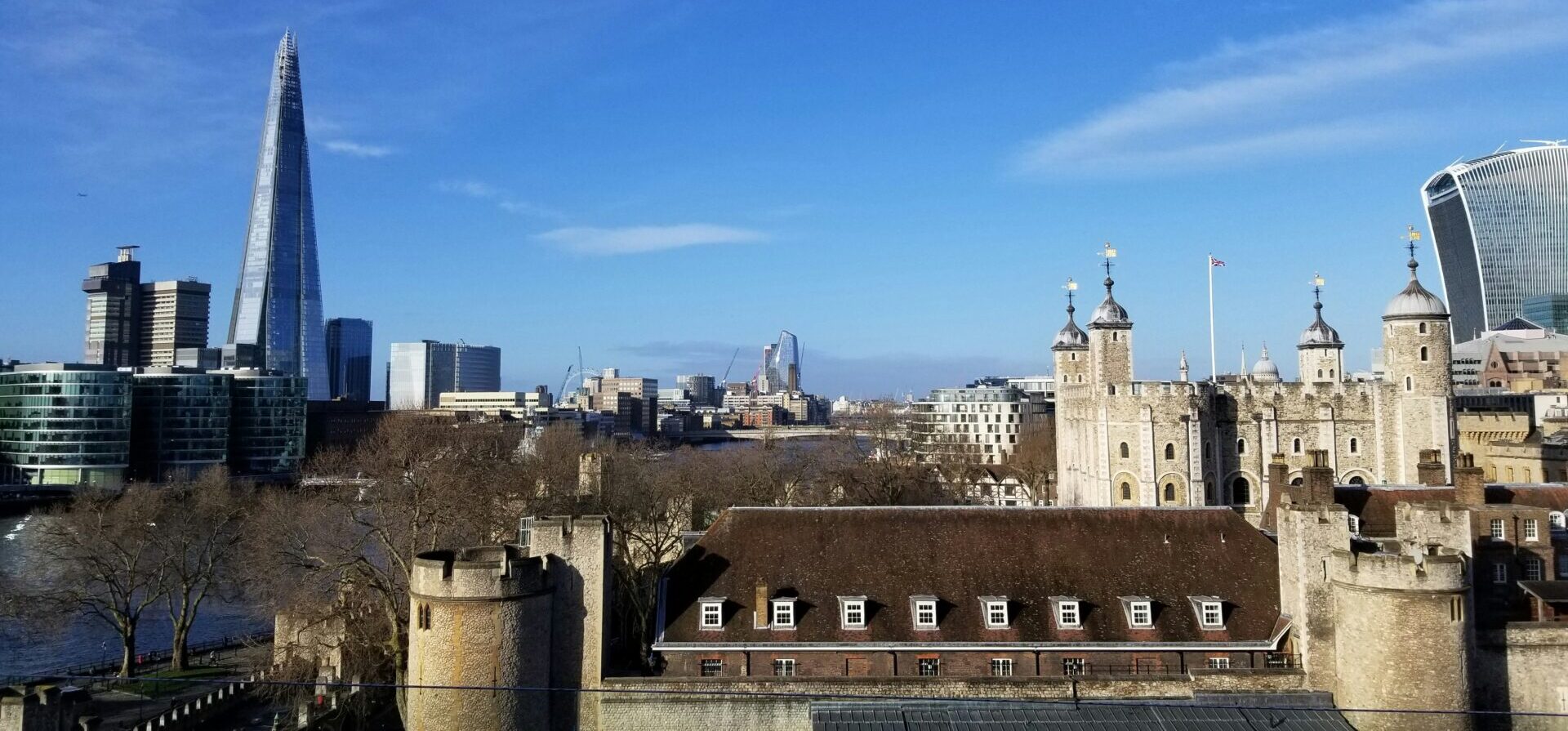 London skyline, with residential buildings in the foreground, and the Shard and Walkie Talkie in the distance. Photograph by Joe Smith