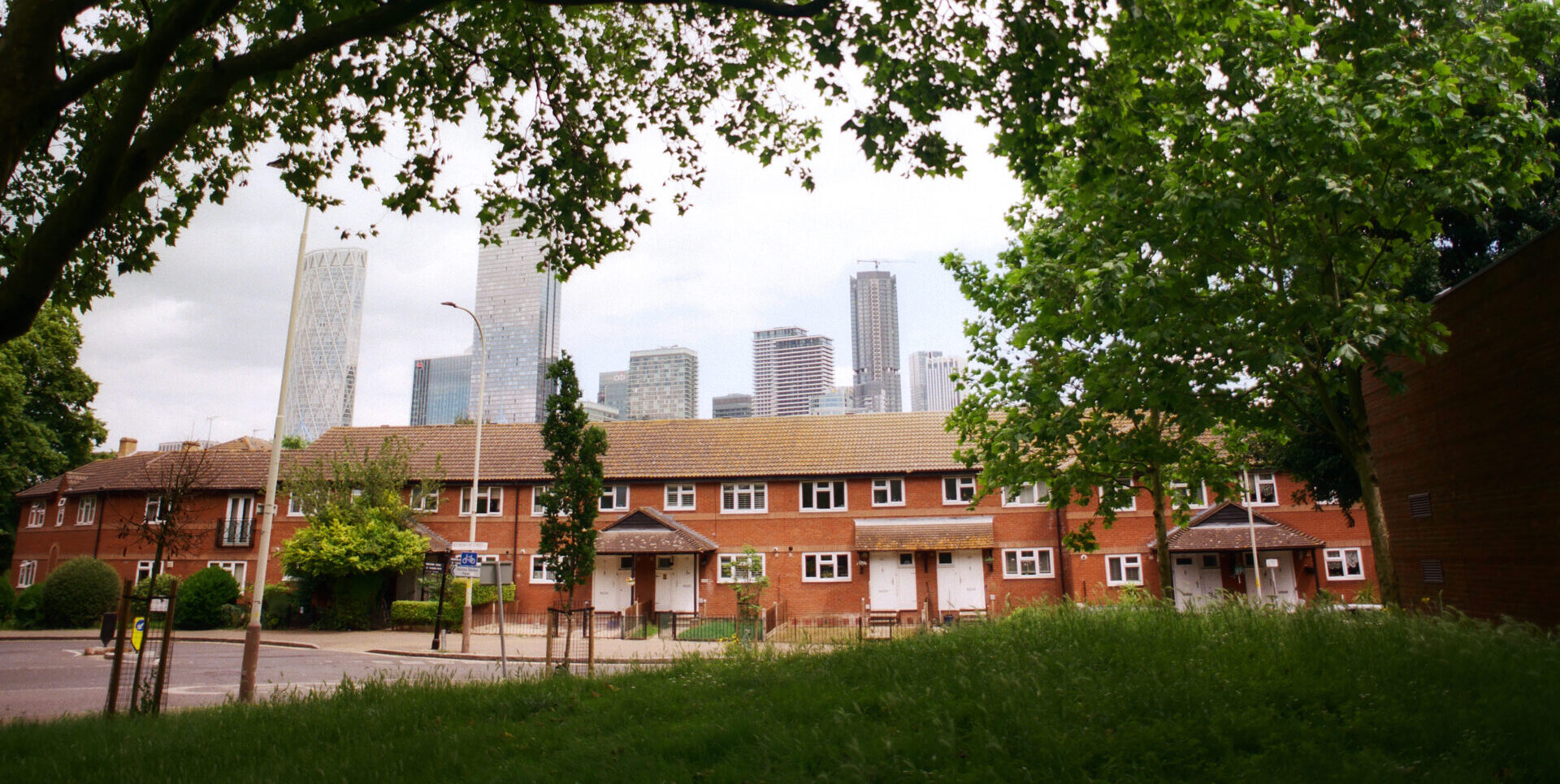 A row of houses with tall buildings in the distance. In the foreground, trees and hedges are visible. Photo by Francis Augusto.