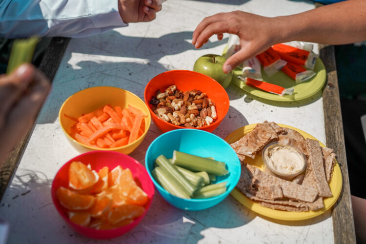 Bowls of food on a table. There are bowls of carrot sticks, tangerine segments, cucumber, crackers and dip, and mixed nuts.