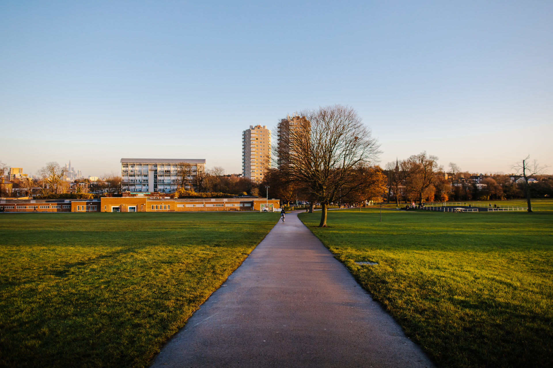 A footpath in the middle of a patch of grass in a park. In the distance are some high-rise buildings and trees.
